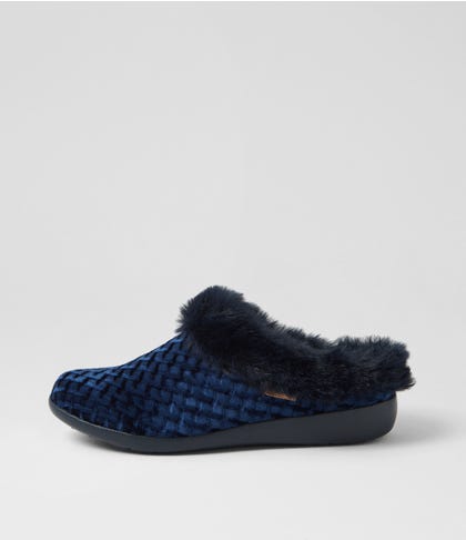 Fifi Xw Navy Emboss Velvet Slippers