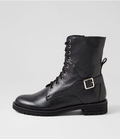 Miyoko W Black Leather Lace Up Boots