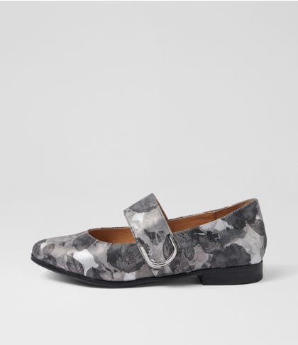 Okla Xf Charcoal Flower Leather Flat Shoes