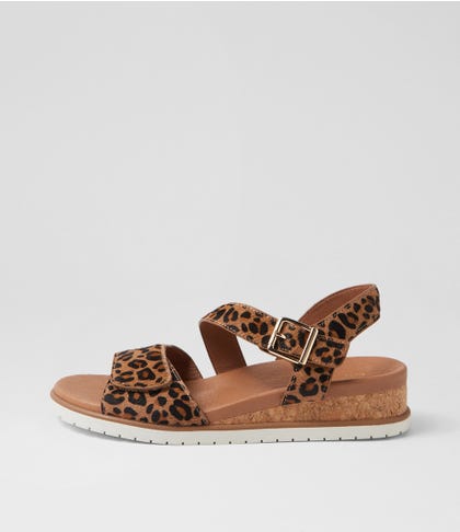 Vamsy W Dark Tan Leopard White Leather Sandals