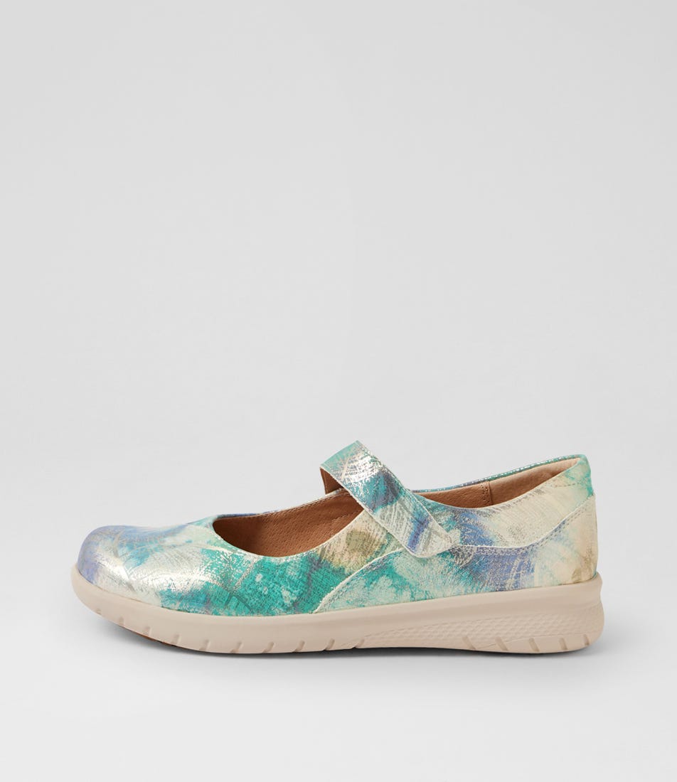 Selroy Xw Green Watercolour Leather Flat Shoes