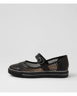 Kanon W Black Leather Mesh Flat Shoes
